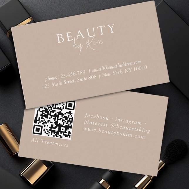 Carte De Visite Brown & blanc, Élégant minimal, Code QR Salon (Brown & White, Minimal Elegant, Salon QR Code Business Card)