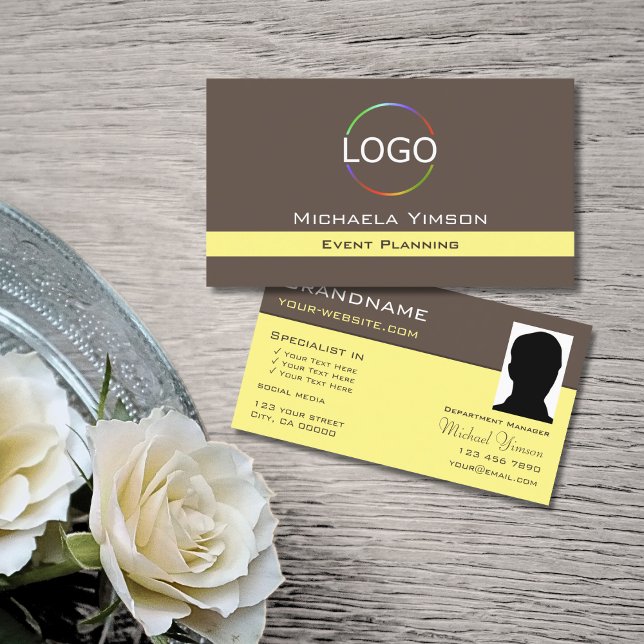 Carte De Visite Brown foncé jaune clair avec logo et photo chic (Créateur téléchargé)