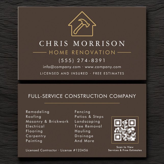 Carte De Visite Brown Gold Home Renovation Repair QR Code (Créateur téléchargé)
