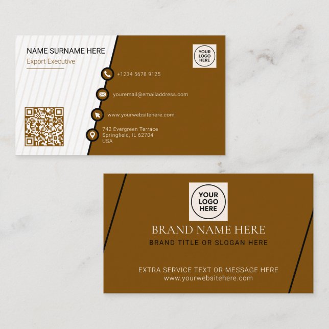 Carte De Visite Brown Simple Formel QR Code Professionnel Moderne (Devant / Derrière)