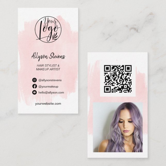 Carte De Visite Brush rose brosse cheveux maquillage photo logo qr (Devant / Derrière)