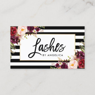 Carte De Visite Brush Script Bourgogne Floral Lashes
