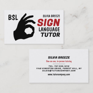 Carte De Visite BSL, OK Gesture, Tutor en Langue des Signes, Ensei