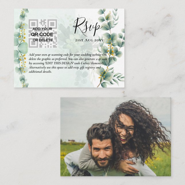Carte De Visite Budget photo 100 x QR CODE MARIAGE RSVP Eucalyptus (Devant / Derrière)