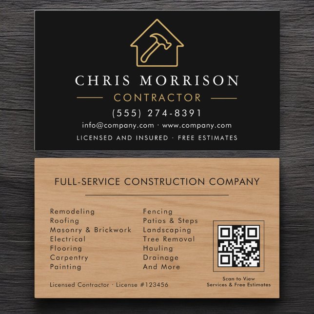Carte De Visite Building Construction Black Gold QR Code Wood  (Créateur téléchargé)