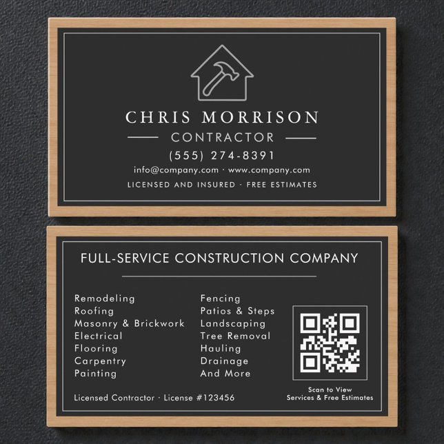 Carte De Visite Building Construction Black Silver Wood QR Code (Créateur téléchargé)
