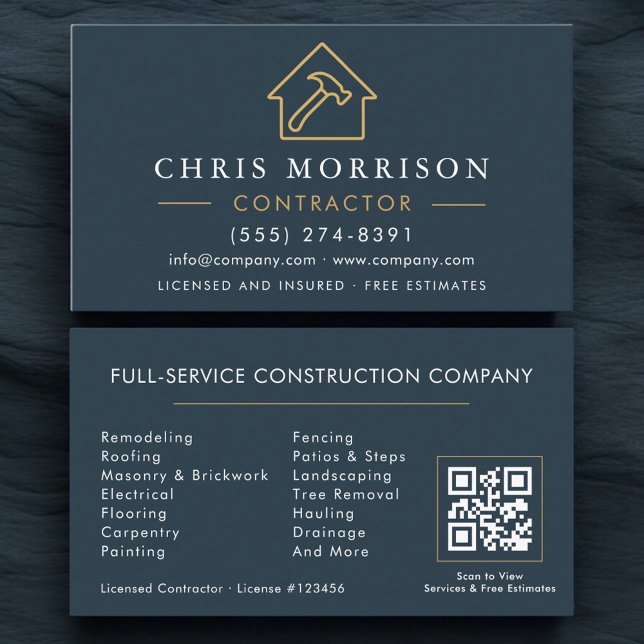 Carte De Visite Building Construction Blue Gold QR Code (Créateur téléchargé)