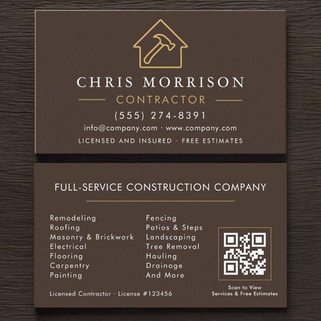 Carte De Visite Building Construction Brown Gold QR Code (Créateur téléchargé)