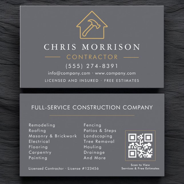 Carte De Visite Building Construction Gray Gold QR Code (Créateur téléchargé)