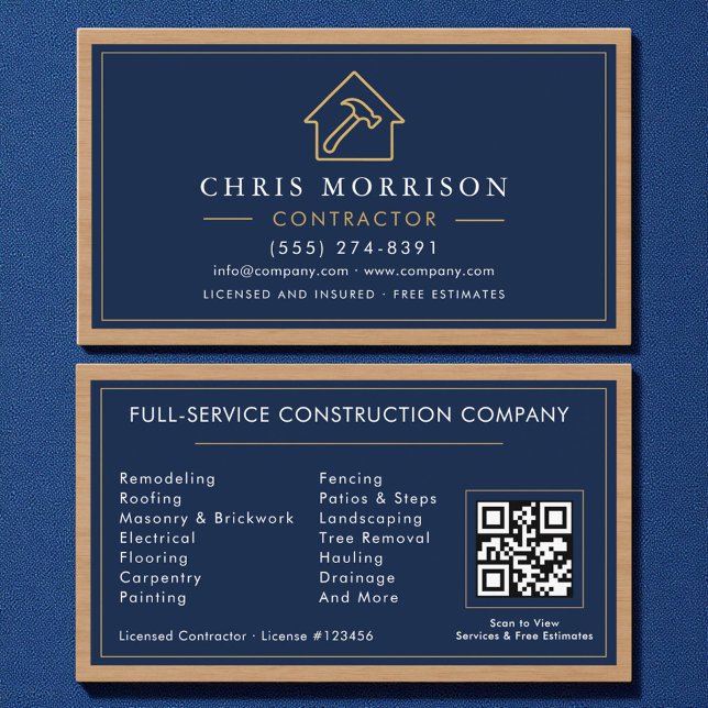 Carte De Visite Building Construction Navy Blue Gold Wood QR Code (Créateur téléchargé)