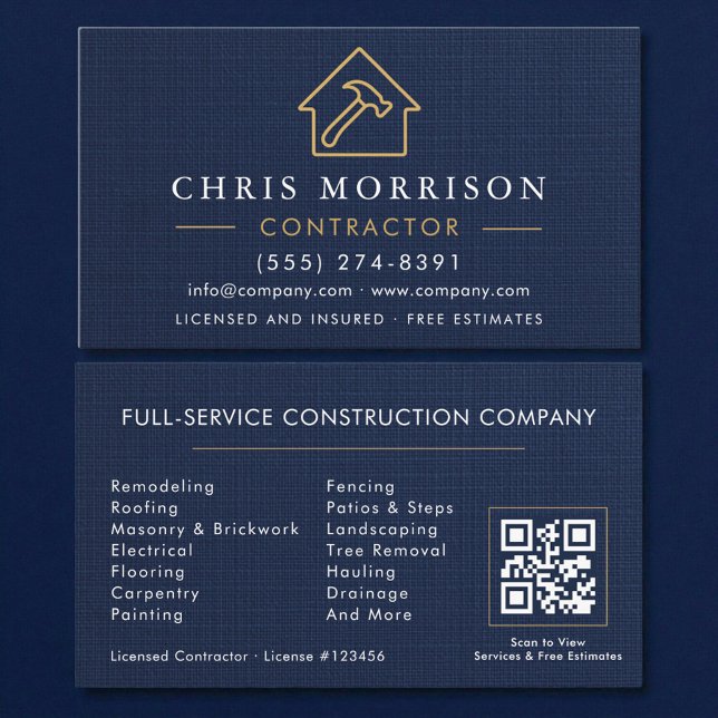 Carte De Visite Building Construction Navy Blue Linen (Créateur téléchargé)