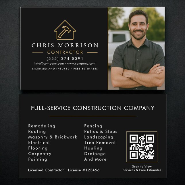 Carte De Visite Building Construction QR Code Photo Black Gold (Créateur téléchargé)