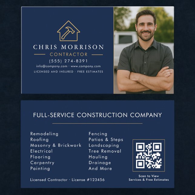 Carte De Visite Building Construction QR Code Photo Navy Blue Gold (Créateur téléchargé)