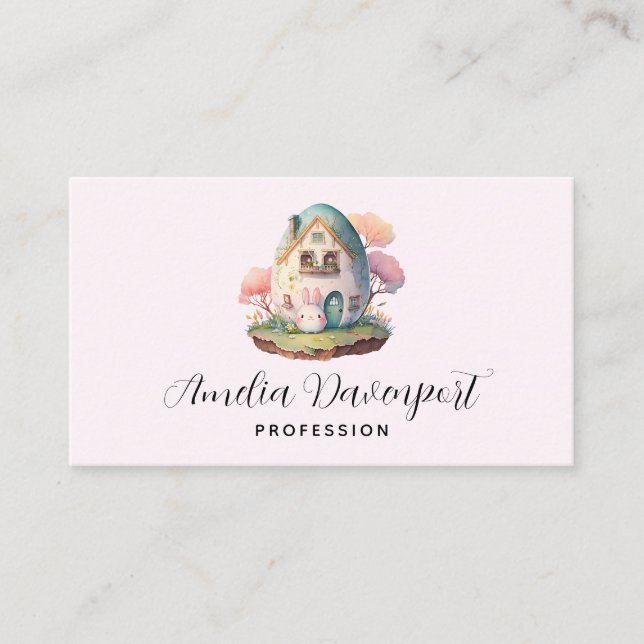 Carte De Visite Bunny Rose & Oeuf Formé Maison Kawaii Style (Devant)
