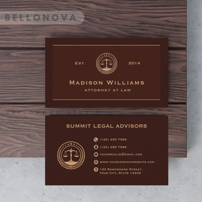 Carte De Visite Bureau de la loi Monogramme Brown de marron foncé  (Custom Dark Red Maroon Brown Monogram Law Office Business Card)