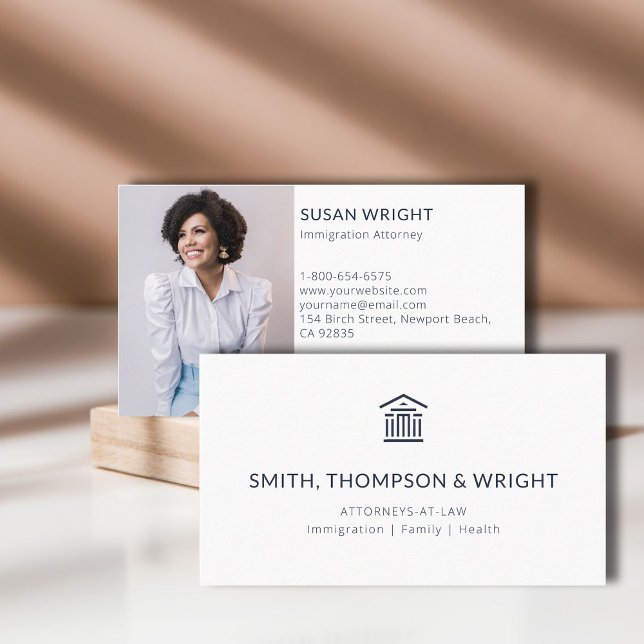 Carte De Visite Bureau du droit moderne Avocat juridique Photo Mar (law lawyer attorney paralegal professional business card logo social media classic minimalist navy)