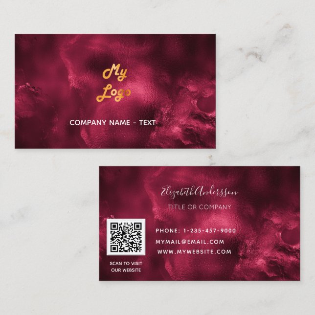 Carte De Visite Burgundy agate qr code logo élégant (Devant / Derrière)