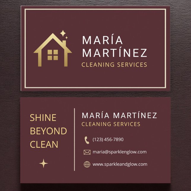 Carte De Visite Burgundy and Gold House Cleaning Services (Créateur téléchargé)