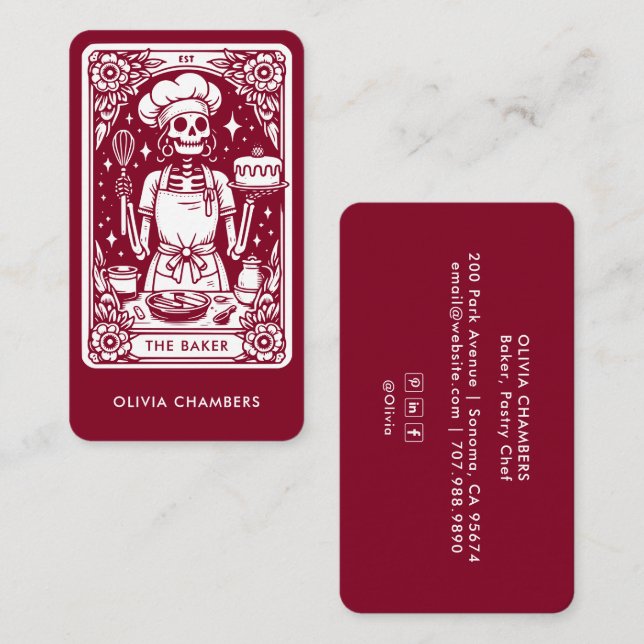 Carte De Visite Burgundy Baker Tarot Skeleton Chef pâtissier (Devant / Derrière)