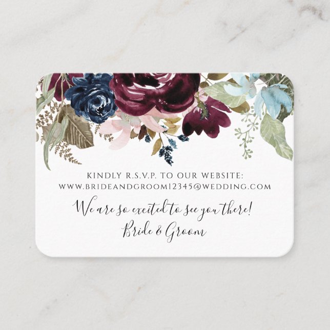 Carte De Visite Burgundy Blush Floral Navy Élégant Mariage de vol (Devant)