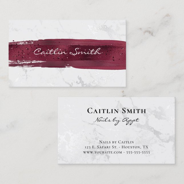 Carte De Visite Burgundy Brush Stroke Silver White Foil Marbre (Devant / Derrière)