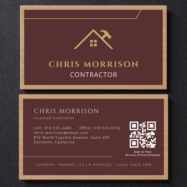 Carte De Visite Burgundy Construction Professional Wood QR Code (Créateur téléchargé)