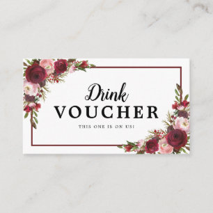 Carte De Visite Burgundy Floral Mariage Voucher boisson gratuite