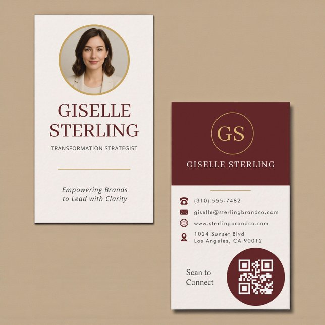 Carte De Visite Burgundy Gold Photo QR Code (Créateur téléchargé)