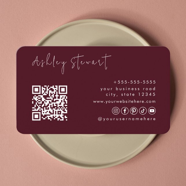 Carte De Visite Burgundy Professionnel Code Qr Logo Script minimal (Créateur téléchargé)