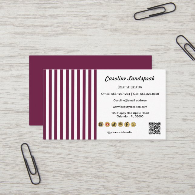 Carte De Visite Burgundy White Stripes  QR Code Social Media Icons (Devant/Arrière en situation)