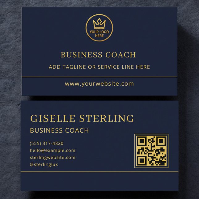 Carte De Visite Business Coach Blue Gold Logo QR Code (Créateur téléchargé)