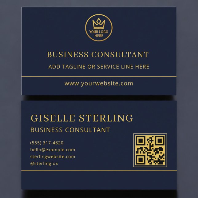 Carte De Visite Business Consultant Blue Gold Logo QR Code (Créateur téléchargé)