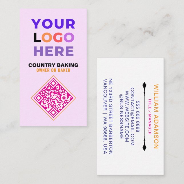 Carte De Visite Business Logo & QR Code | White & Pink Bakery (Devant / Derrière)