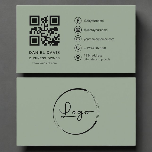 Carte De Visite Business Owner Sage Green Logo QR Code  (Créateur téléchargé)