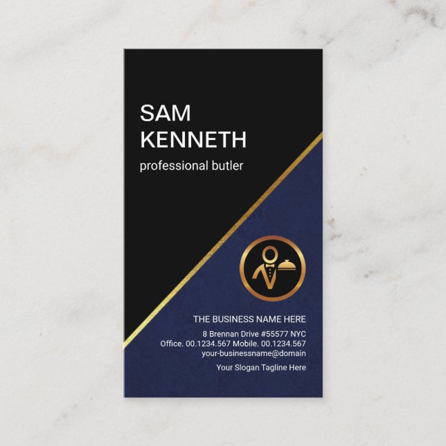 Carte De Visite Butler professionnel élégant Blue Grunge Gold Line (Devant)