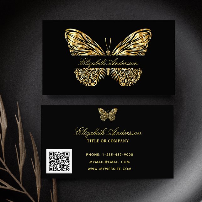 Carte De Visite Butterfly noir or code QR élégant script (Créateur téléchargé)