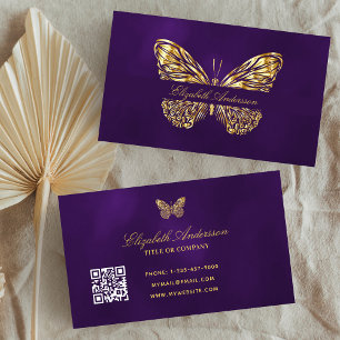 Carte De Visite Butterfly violet or QR code élégant script