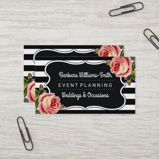 Carte De Visite BW floral encadre la planification d'événement de (Devant/Arrière en situation)