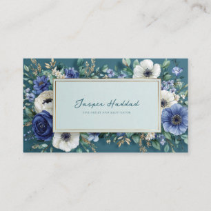 Carte De Visite Cadre aquarelle bleu sarcelle foncé floral or