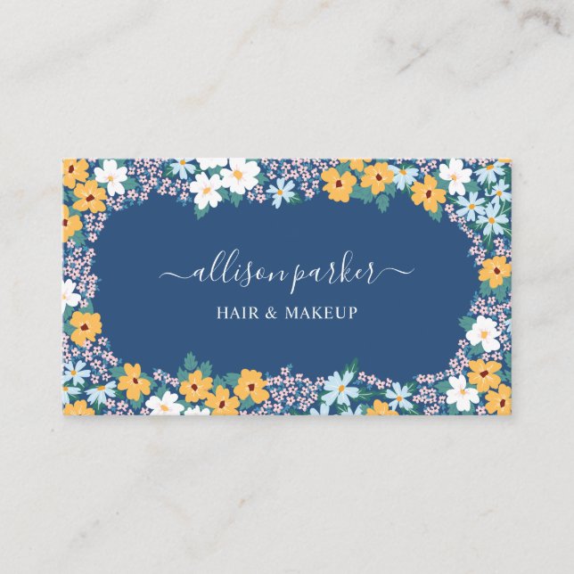 Carte De Visite Cadre de fleurs de prairie jaune bleu (Devant)