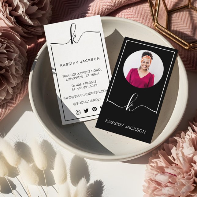 Carte De Visite Cadre de monogramme de script élégant minimal pour (Minimal Stylish Script Monogram Frame Circle Photo Business Card)