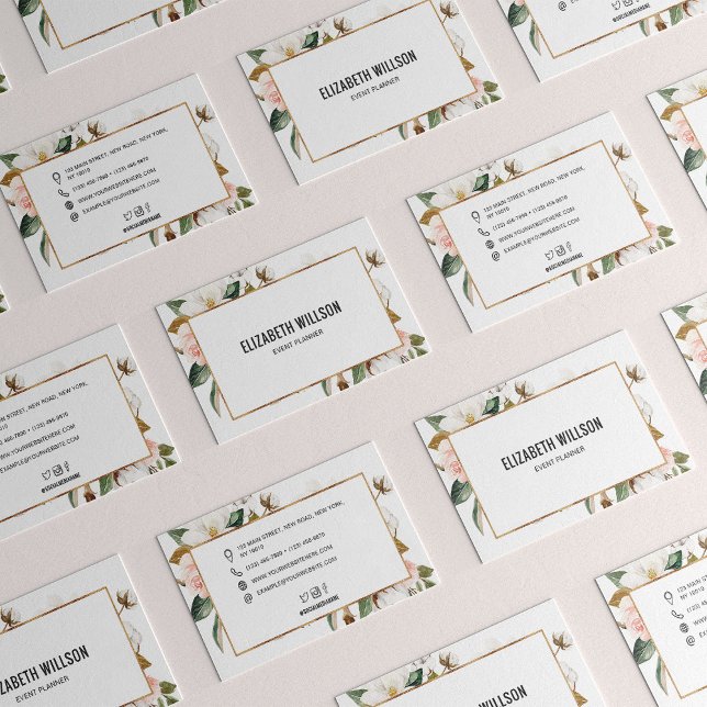 Carte De Visite Cadre de Parties scintillant d'or Floral Magnolia  (Créateur téléchargé)