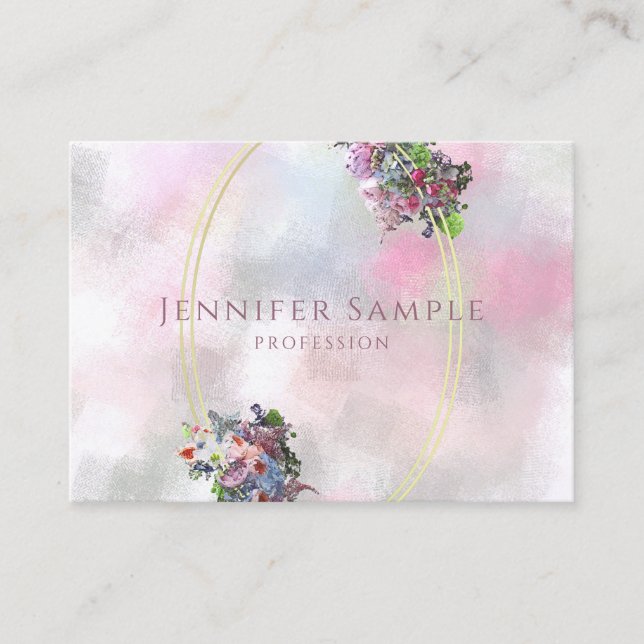 Carte De Visite Cadre doré élégant Aquarelle Fleurs Haut Abstrait (Devant)