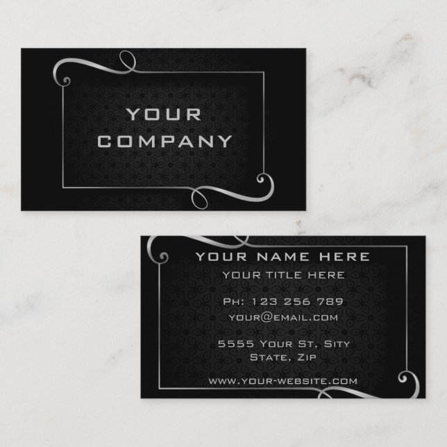 Carte De Visite Cadre et texte en argent de luxe noir professionne (Devant / Derrière)