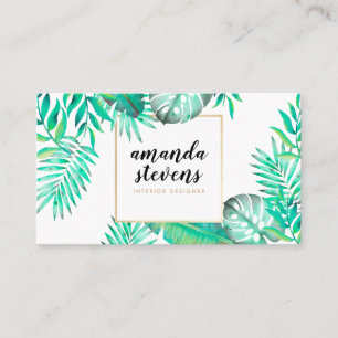 Carte De Visite Cadre or chic aquarelle tropicale verte feuilles