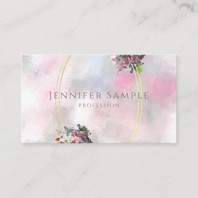 Carte De Visite Cadre Or Chic Moderne Abstrait Aquarelle Fleurs (Devant)