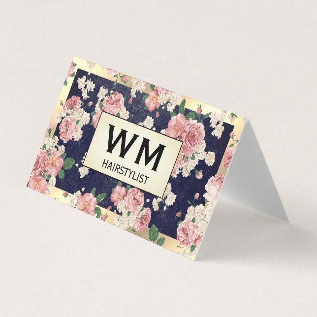 Carte De Visite Cadre Or Exécutif Ardoise Bleue Motif Floral (Devant)