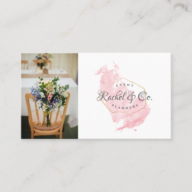 Carte De Visite Cadre Or moderne photo Aquarelle rose (Devant)