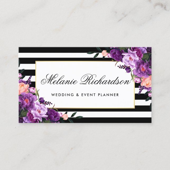 Carte De Visite Cadre ultra-violet pourpre floral d'or barré (Devant)