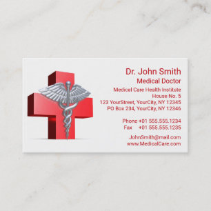 Carte De Visite Caducée Médical Argent Croix 3D Rouge